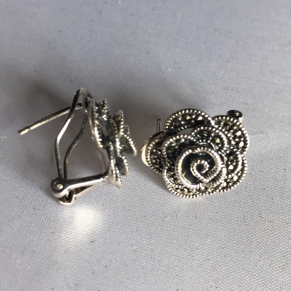 New! Sterling Silver Marcasite Rose Stud Earrings - Picture 8 of 13